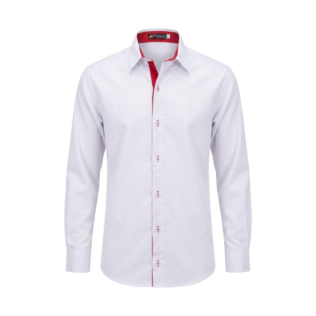 Camisa social branca de manga longa com detalhes vermelhos na gola e na carcela
