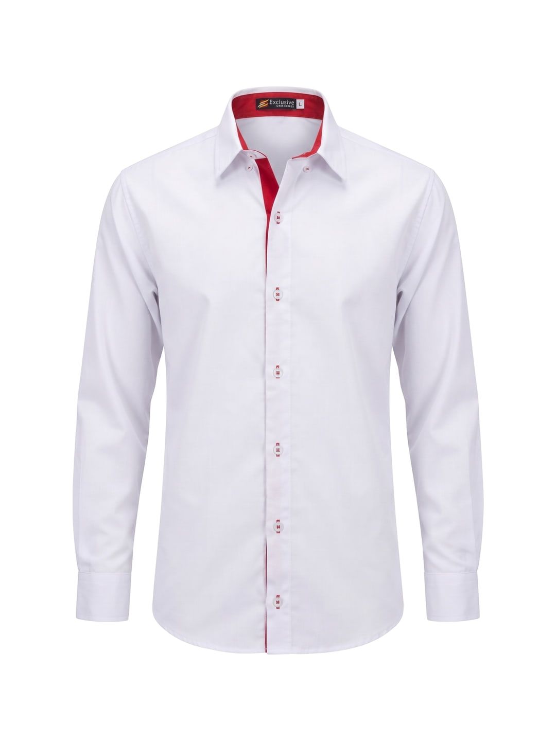 Camisa social branca de manga longa com detalhes vermelhos na gola e na carcela