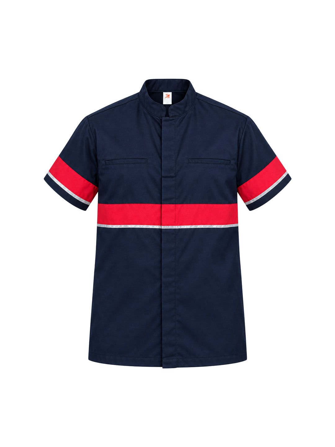 Camisa operacional azul-marinho de manga curta com faixas vermelhas e refletivas