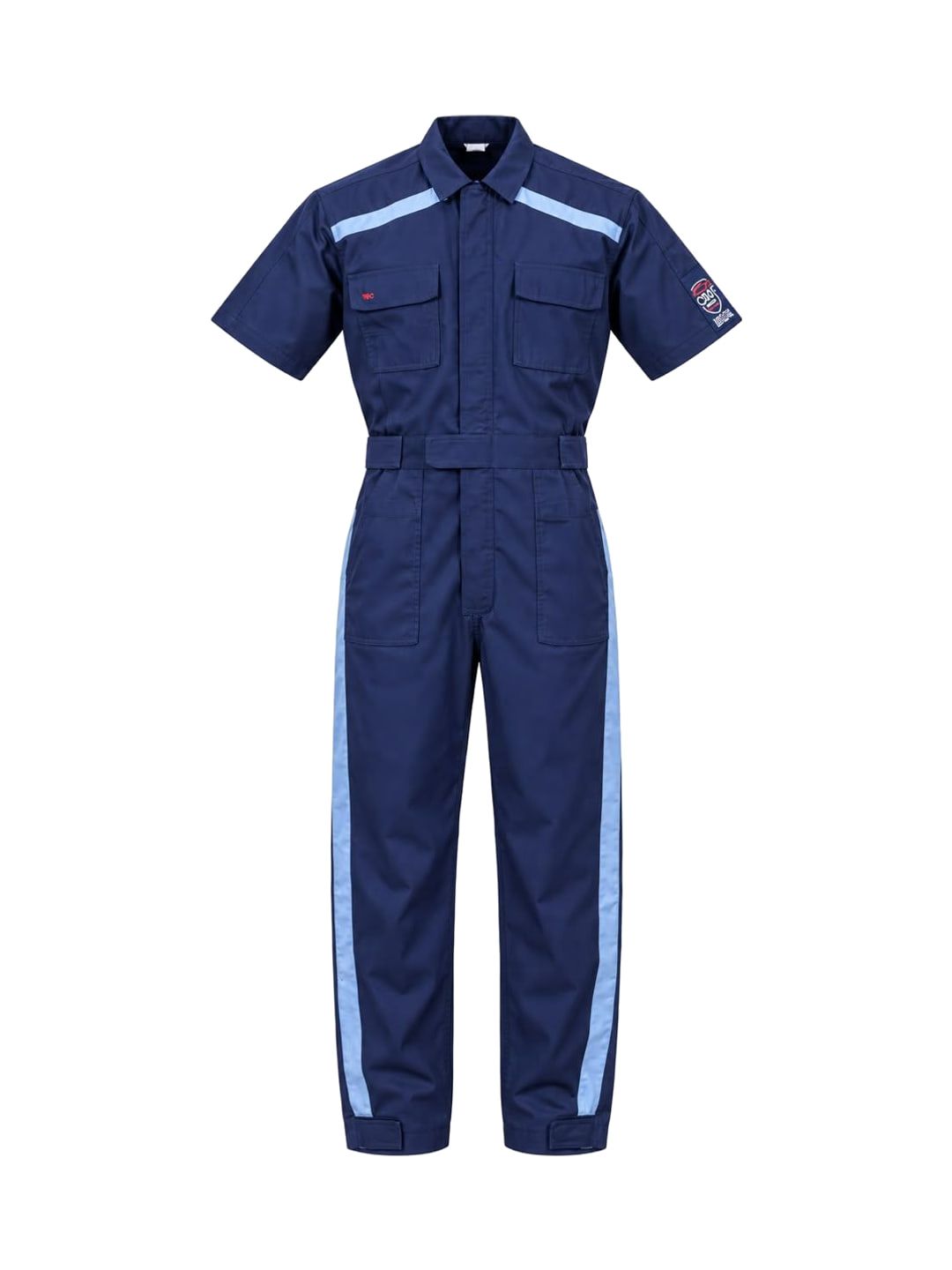 Macacão profissional azul-marinho de manga curta com faixas azul-claras