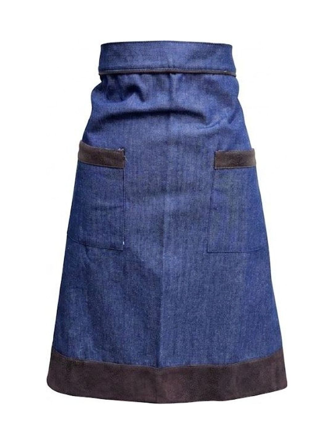 Meio-avental jeans com bolsos e barra marrom