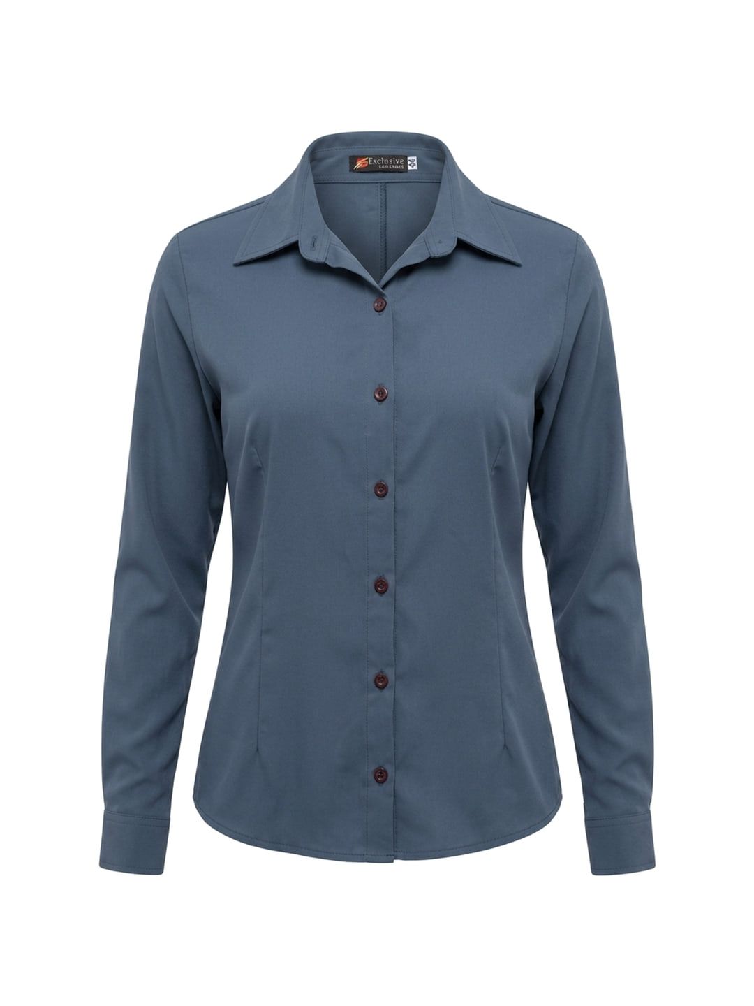 Camisa feminina azul acinzentada de manga longa