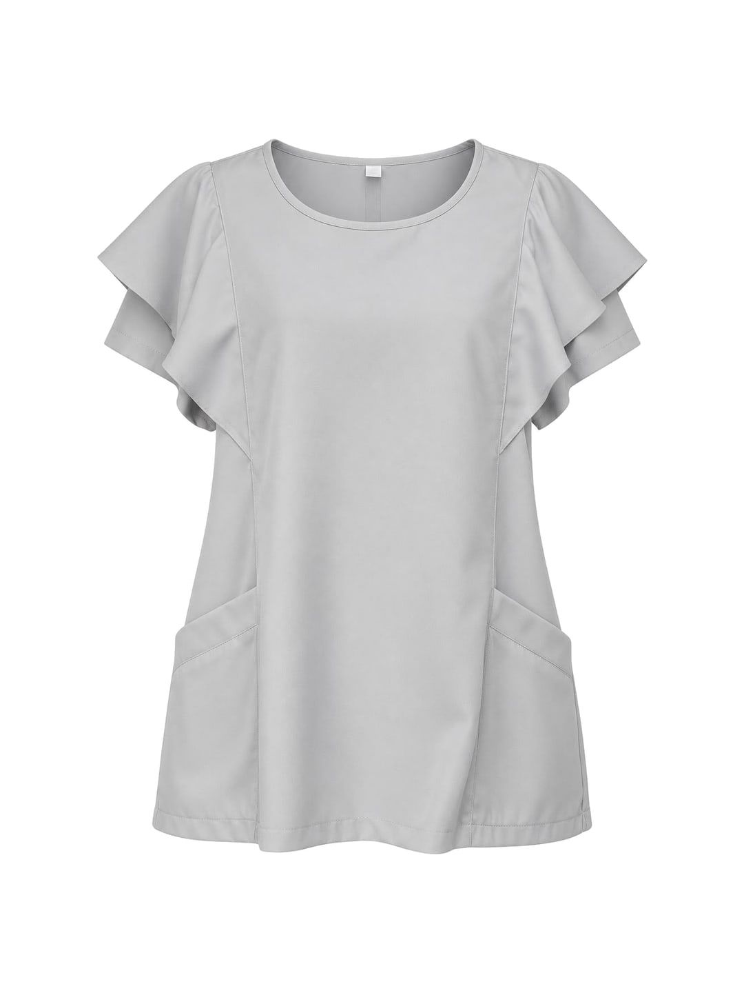 Blusa de scrub cinza com mangas em babado e bolsos laterais